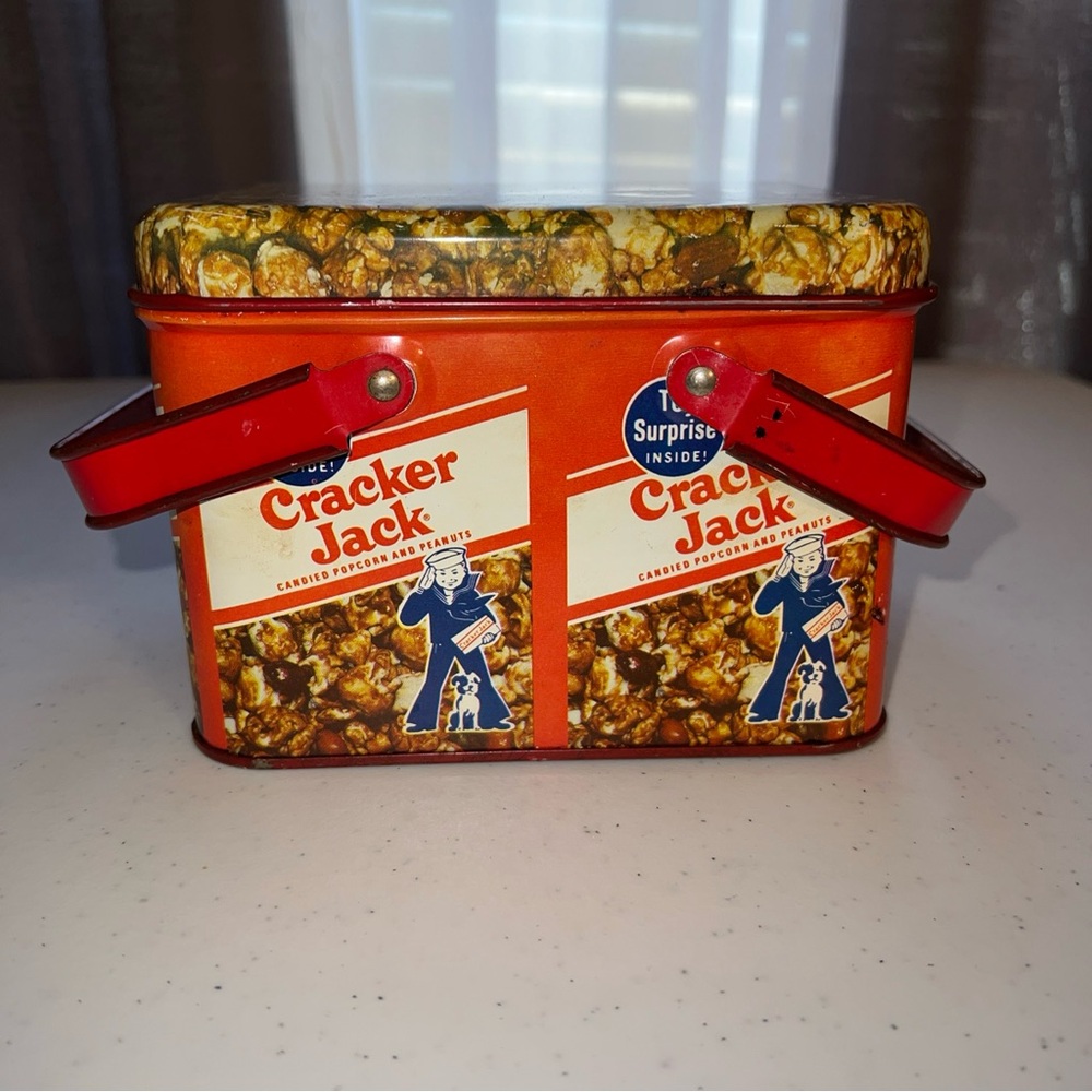 Vintage Cracker Jack Square Metal Box With Handles
